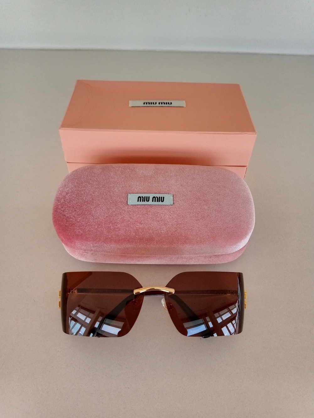 MIU MIU Hazel Brown Tint Gold Wire Large Rimless Lens Sunglasses